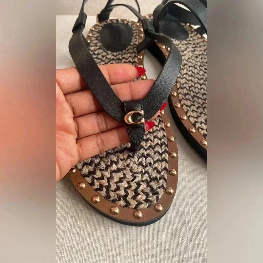 COACH Gracey Black and Brown Leather Thong Sandals with Studs Size 8.5 Leather - Picture 8 of 10